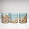 Name printed seashells ceramic coffee cup. 3D sand effect mug close-up view. Coastal home decor coffee mug. 